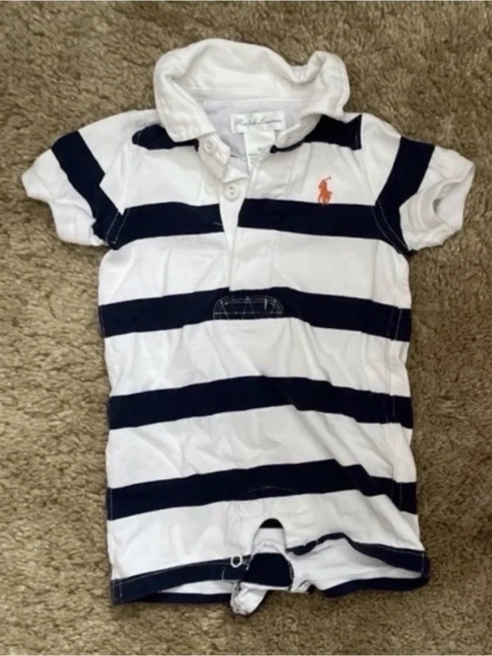 Ralph Lauren 0-3 Months White & Navy Striped Short Sleeve/Shorts Polo Romper